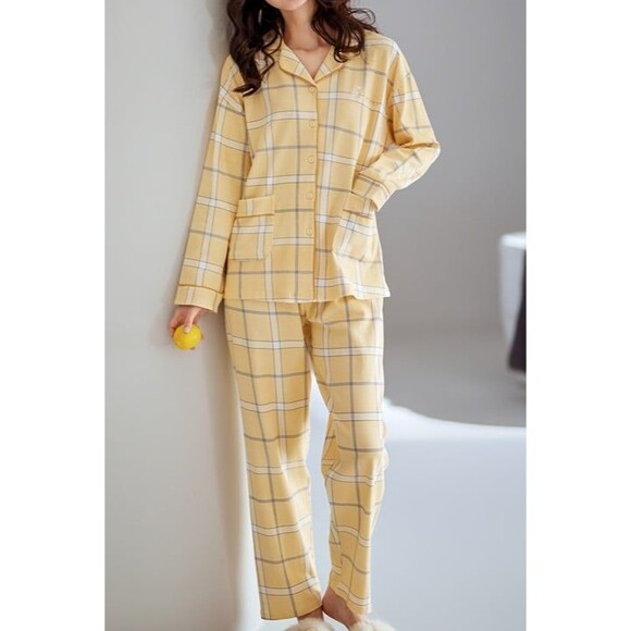 100% Cotton Women Pajama Set 2Pcs Long Sleeve Sleepwear Button Down Yellow Plaid - Picture 3 of 9
